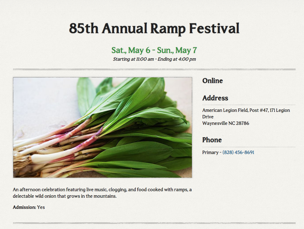 Come to Waynesville May 67 for the 85th annual Ramp Festival. Make a